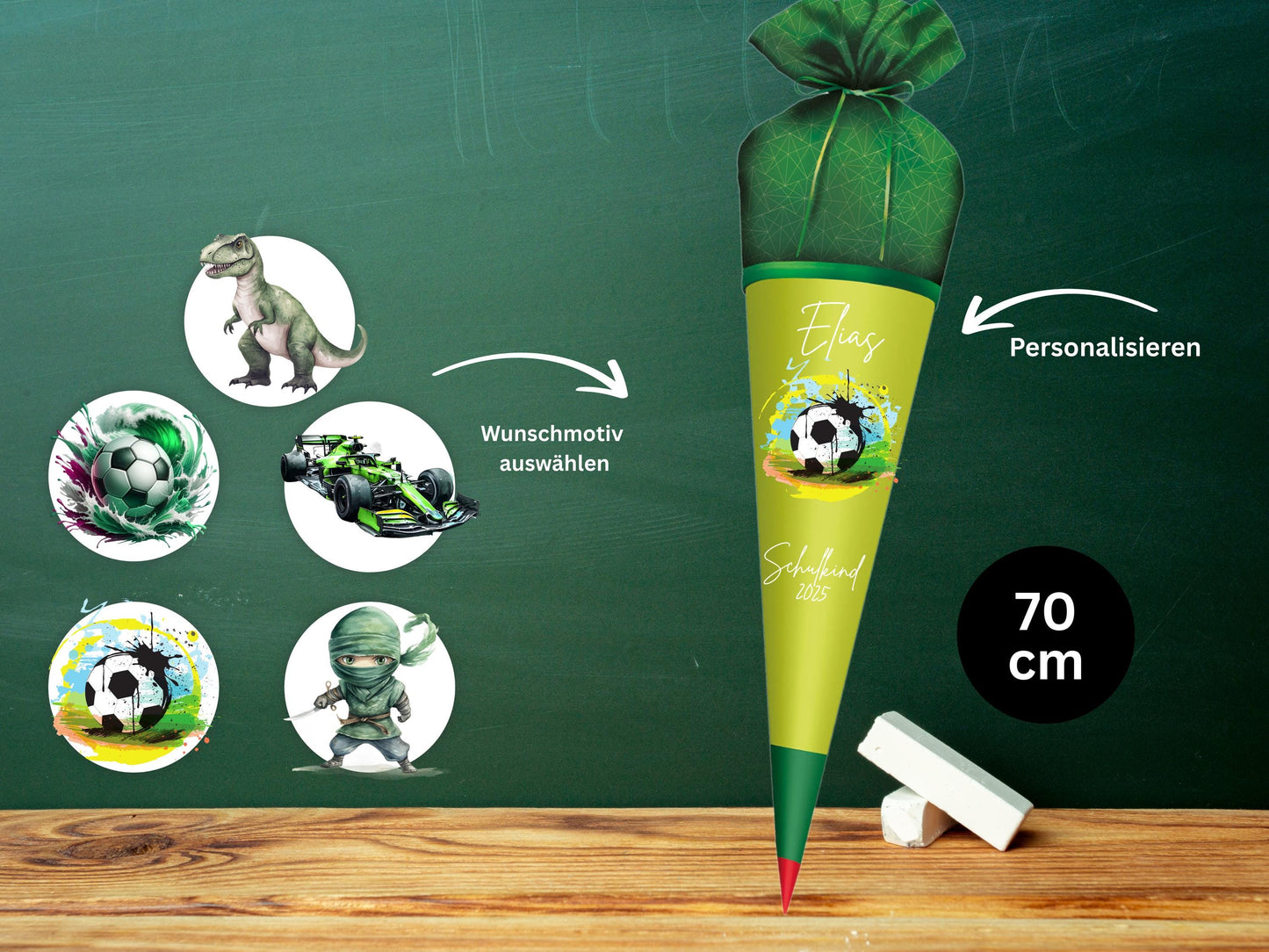 Schultüte aus Stoff |Wunschmotiv |Personalisiert mit Namen |Wunschname| Junge| Grün