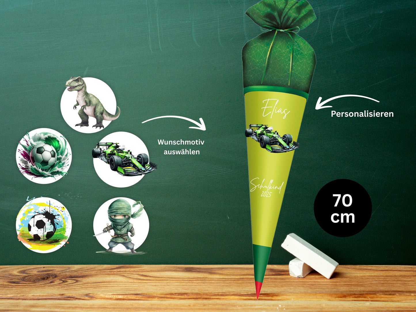 Schultüte aus Stoff |Wunschmotiv |Personalisiert mit Namen |Wunschname| Junge| Grün