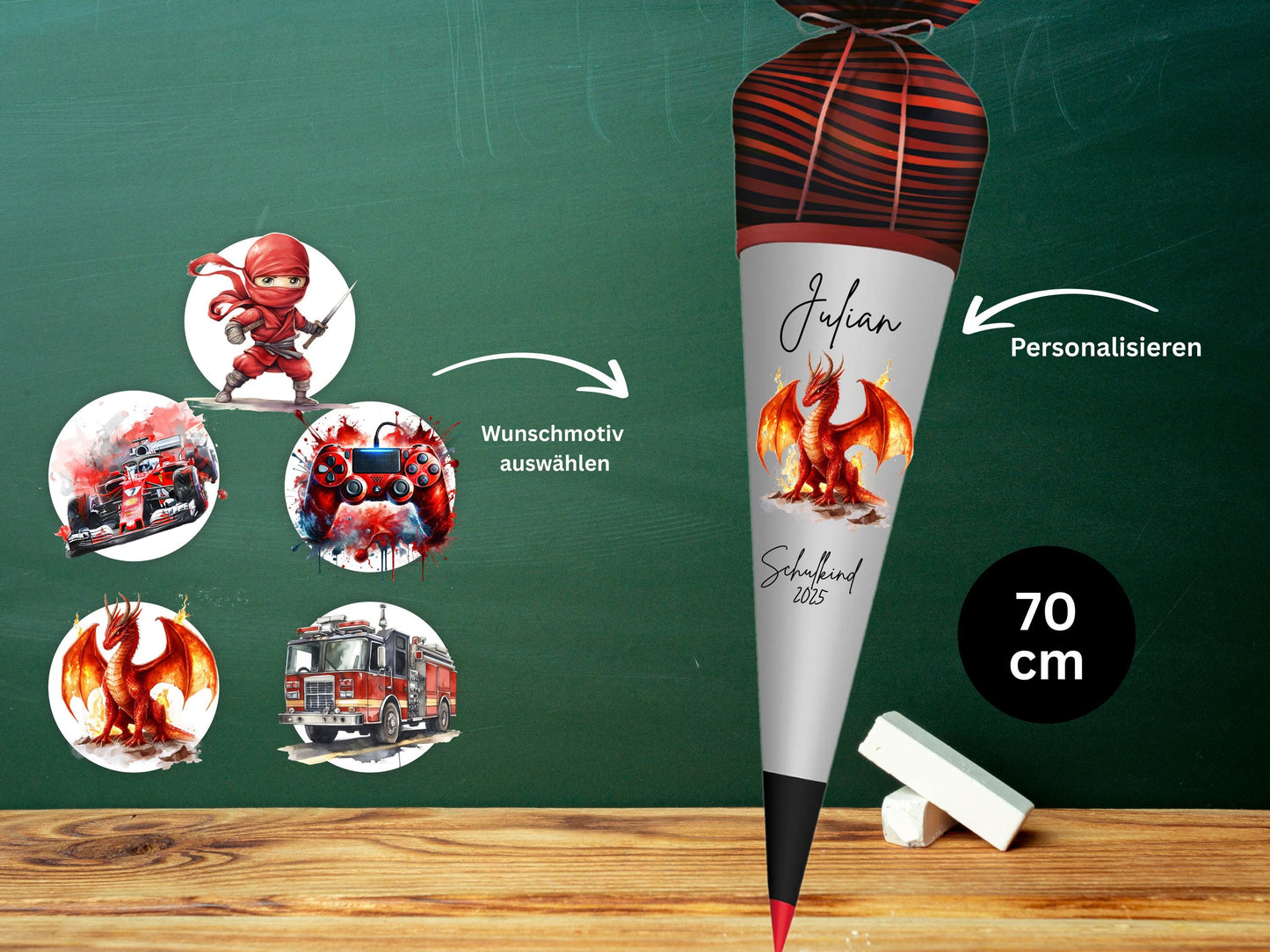 Schultüte aus Stoff | Wunschmotiv | Personalisiert mit Namen | Wunschname | Junge | Rot Schwarz