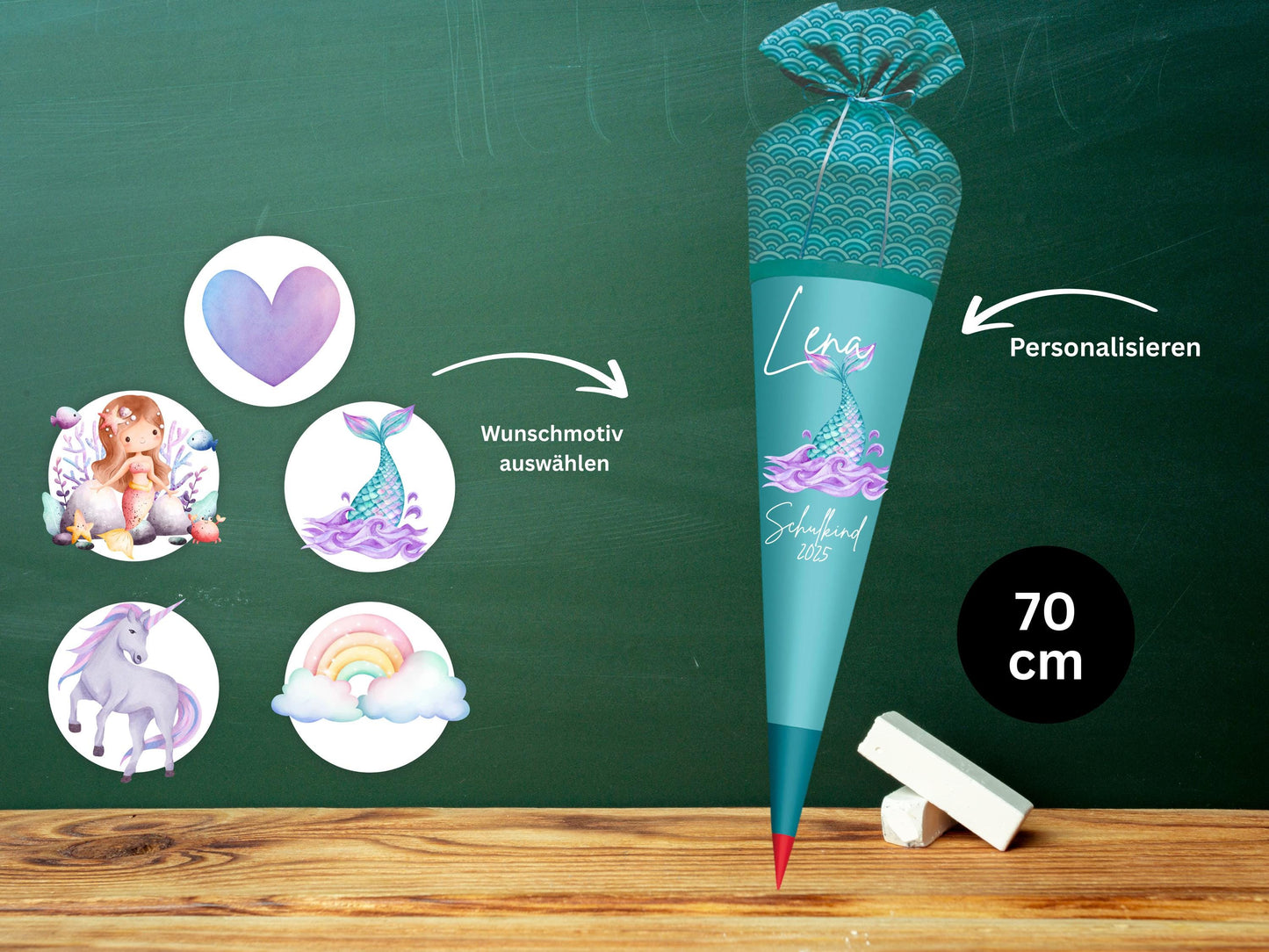 Schultüte aus Stoff | Wunschmotiv | Personalisiert mit Namen | Wunschname | Mädchen | Aqua