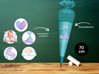 Schultüte aus Stoff | Wunschmotiv | Personalisiert mit Namen | Wunschname | Mädchen | Aqua