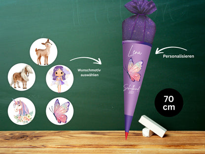 Schultüte aus Stoff | Wunschmotiv | Personalisiert mit Namen | Wunschname | Mädchen | Lila