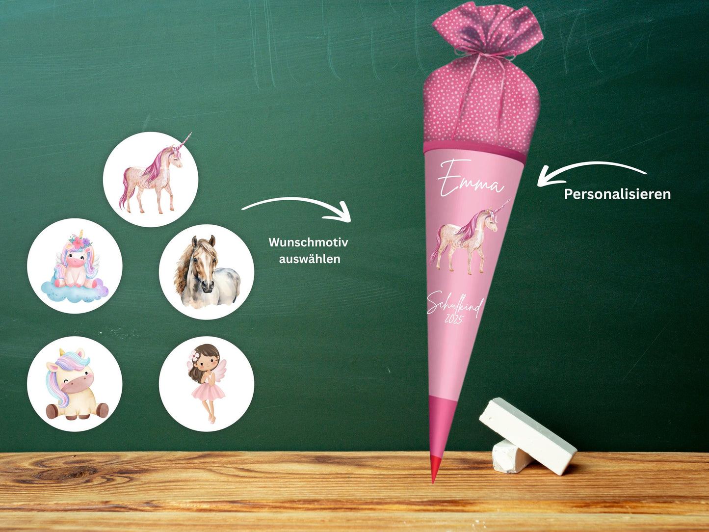 Schultüte aus Stoff | Wunschmotiv | Personalisiert mit Namen | Wunschname | Mädchen | Rosa