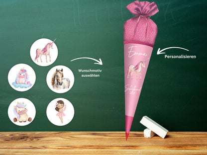 Schultüte aus Stoff | Wunschmotiv | Personalisiert mit Namen | Wunschname | Mädchen | Rosa