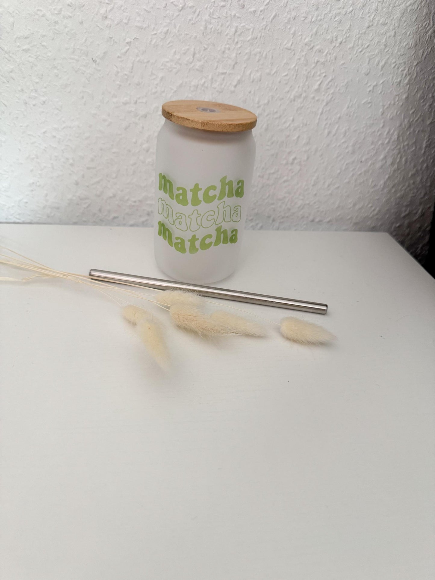 Trinkglas Matcha“ | mit Deckel und Strohalm | Matcha Babe 400ml 550ml | Bambusdeckel