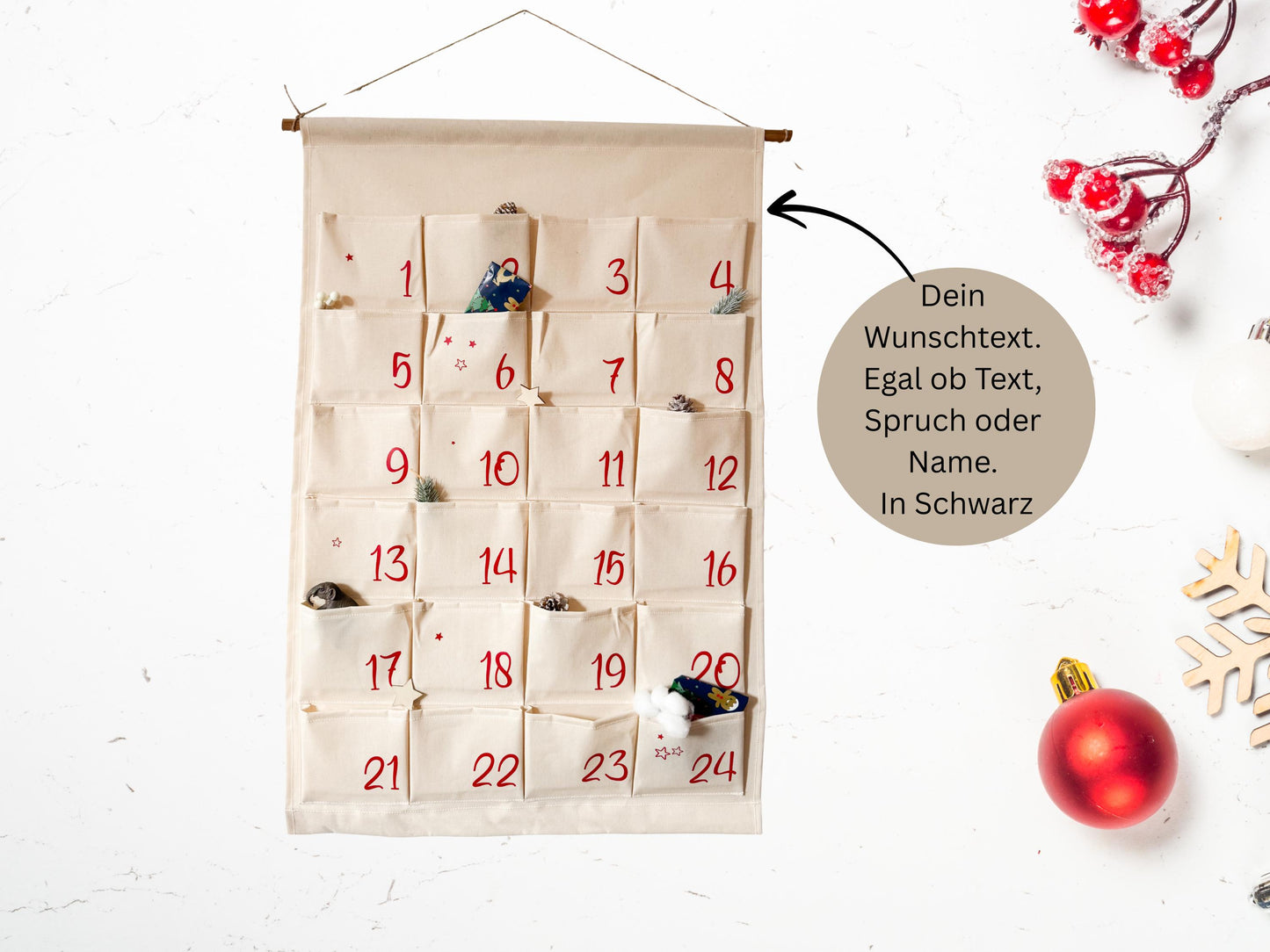 Personalisierter XXL Adventskalender für Kinder zum selber befüllen, 24 Taschen, Kalender aus Stoff