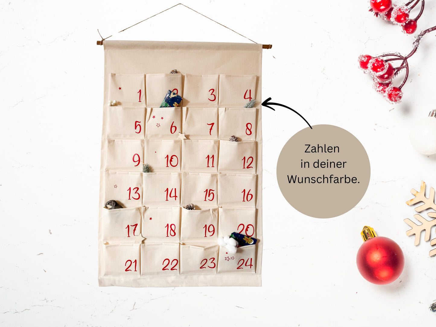 Personalisierter XXL Adventskalender für Kinder zum selber befüllen, 24 Taschen, Kalender aus Stoff