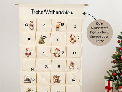 Retro Personalisierter XXL Adventskalender für Kinder zum selber befüllen, 24 Taschen, Kalender aus Stoff  mit Motiven