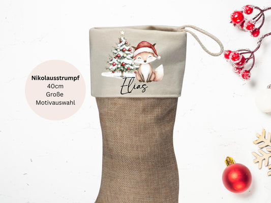 Nikolausstrumpf 40 cm  personalisiert mit Name | große Motivauswahl (Waldtiere) | Weihnachtsstrumpf zum Aufhängen, Jute/Canvas