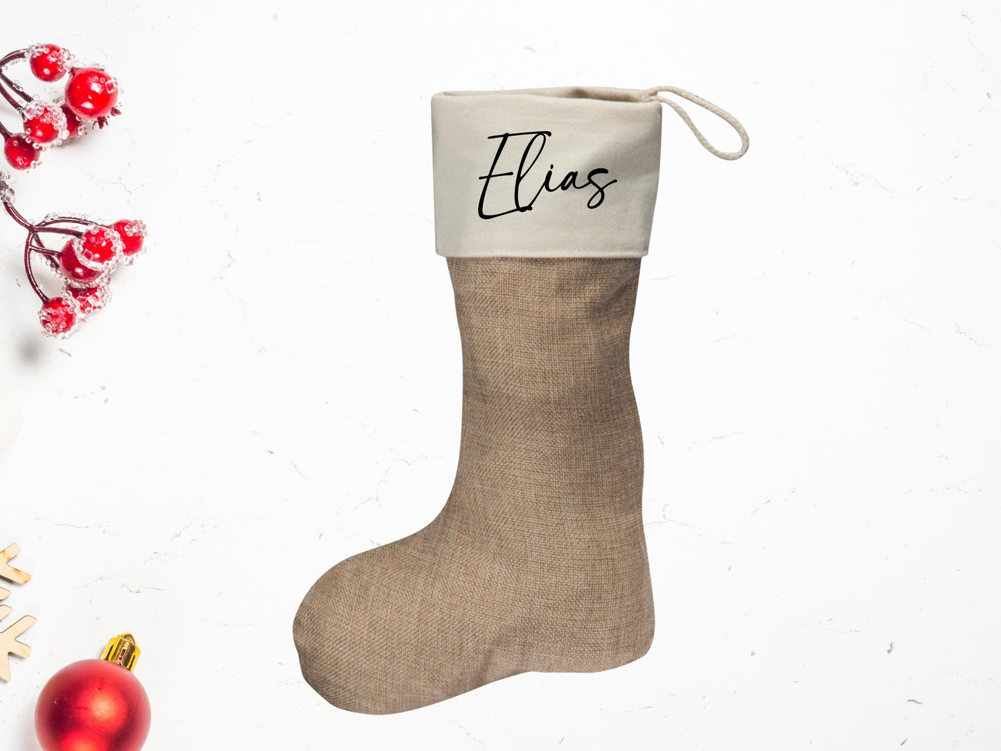 Nikolausstrumpf 40 cm  personalisiert mit Name | Schriftfarbe frei wählbar | Weihnachtsstrumpf zum Aufhängen, Jute/Canvas