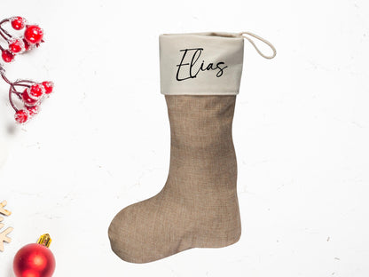 Nikolausstrumpf 40 cm  personalisiert mit Name | Schriftfarbe frei wählbar | Weihnachtsstrumpf zum Aufhängen, Jute/Canvas
