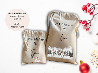 Nikolaussäckchen Bio-Baumwolle  personalisiert mit Name | 4 Größen | viele Weihnachtsmotive | Geschenkbeutel vom Nikolaus/Weihnachtsmann