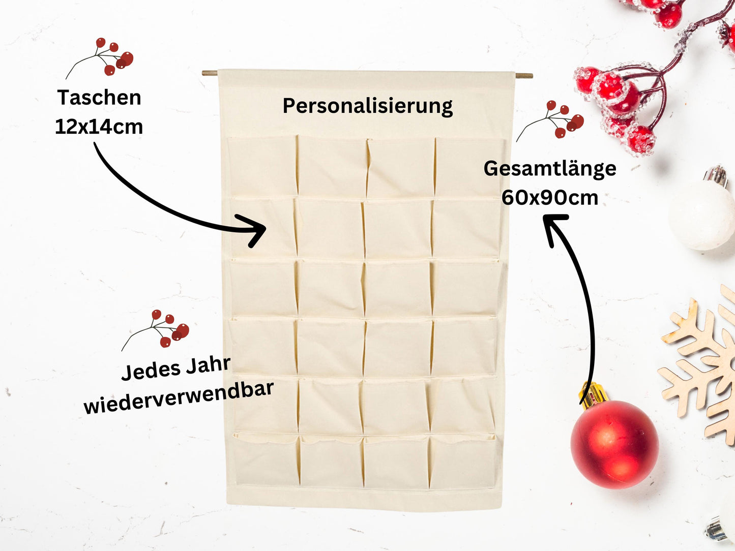 Personalisierter XXL Adventskalender für Kinder zum selber befüllen, 24 Taschen, Kalender aus Stoff