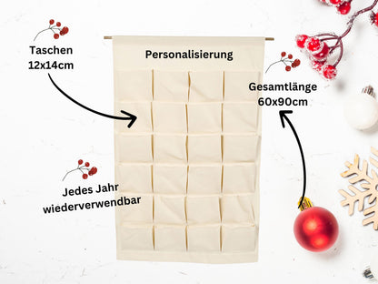 Personalisierter XXL Adventskalender für Kinder zum selber befüllen, 24 Taschen, Kalender aus Stoff