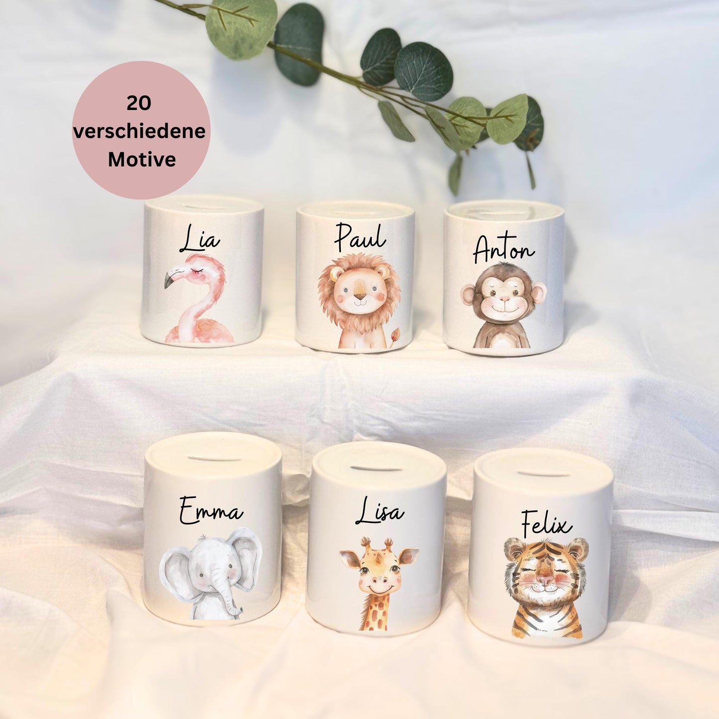 Personalisierte Spardose mit Namen 18 SafaritiereMotiv wählbar Keramik Spardose für Kinder  Geschenk zur Geburt, Taufe oder Geburtstag