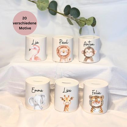 Personalisierte Spardose mit Namen 18 SafaritiereMotiv wählbar Keramik Spardose für Kinder  Geschenk zur Geburt, Taufe oder Geburtstag