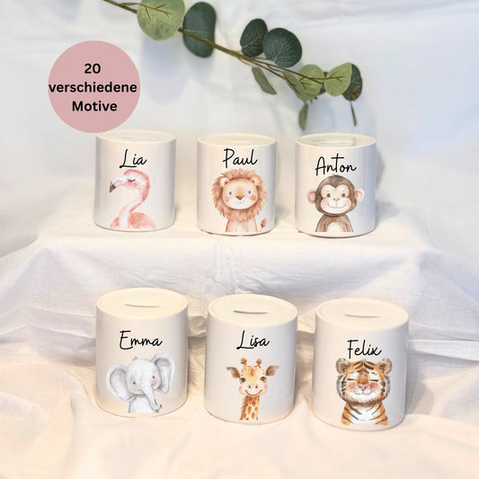 Personalisierte Spardose mit Namen 18 SafaritiereMotiv wählbar Keramik Spardose für Kinder  Geschenk zur Geburt, Taufe oder Geburtstag