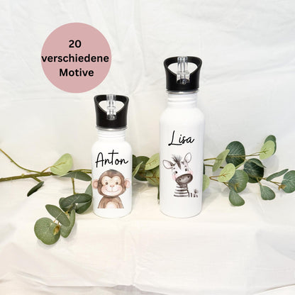 Personalisierte Trinkflasche mit Namen20 Tiermotive Edelstahl Trinkflasche mit StrohhalmBPA-frei&leicht zu reinigen  Geschenk für Kinder
