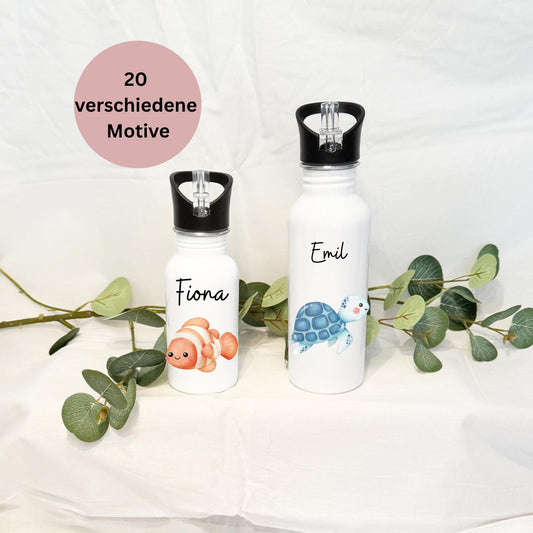 Personalisierte Trinkflasche mit Namen20 MeerestiereEdelstahl Trinkflasche mit StrohhalmBPA-frei&leicht zu reinigen  Geschenk für Kinder