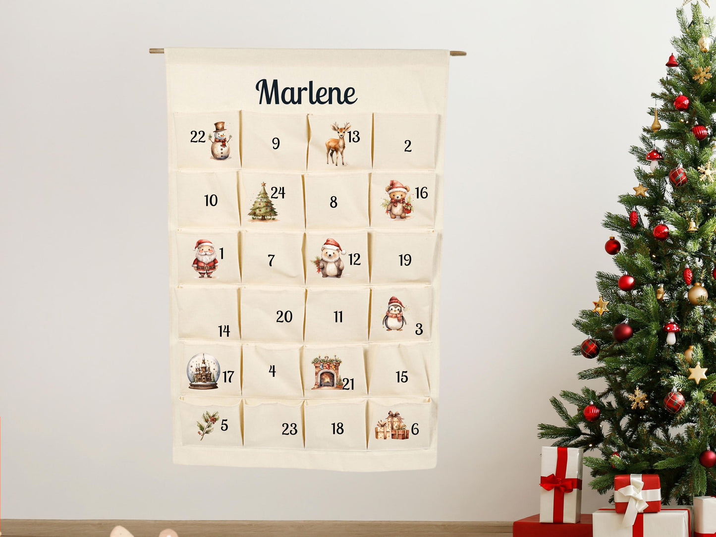 Retro Personalisierter XXL Adventskalender für Kinder zum selber befüllen, 24 Taschen, Kalender aus Stoff  mit Motiven