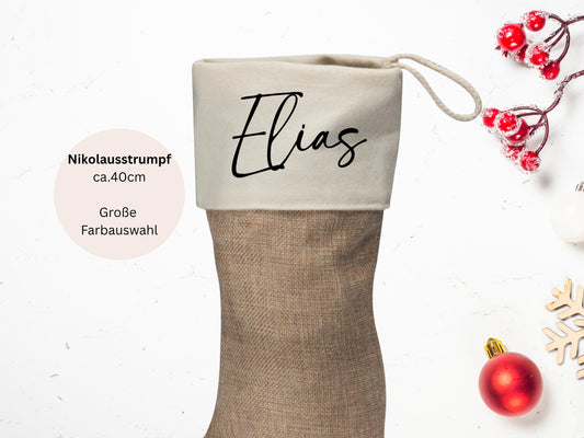 Nikolausstrumpf 40 cm  personalisiert mit Name | Schriftfarbe frei wählbar | Weihnachtsstrumpf zum Aufhängen, Jute/Canvas