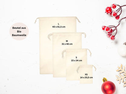 Nikolaussäckchen Bio-Baumwolle  personalisiert mit Name | 4 Größen | viele Weihnachtsmotive | Geschenkbeutel vom Nikolaus/Weihnachtsmann