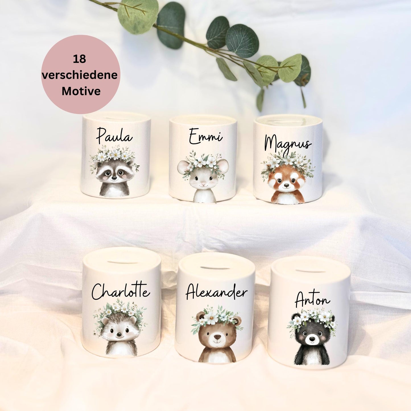 Personalisierte Spardose mit Namen 18 WaldtiermotivMotiv wählbar Keramik Spardose für Kinder  Geschenk zur Geburt, Taufe oder Geburtstag