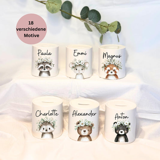 Personalisierte Spardose mit Namen 18 WaldtiermotivMotiv wählbar Keramik Spardose für Kinder  Geschenk zur Geburt, Taufe oder Geburtstag