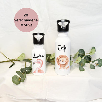 Personalisierte Trinkflasche mit Namen20 Tiermotive Edelstahl Trinkflasche mit StrohhalmBPA-frei&leicht zu reinigen  Geschenk für Kinder