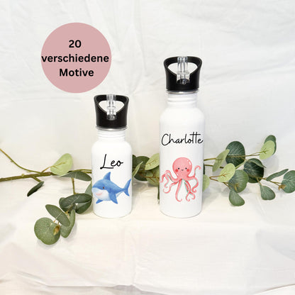 Personalisierte Trinkflasche mit Namen20 MeerestiereEdelstahl Trinkflasche mit StrohhalmBPA-frei&leicht zu reinigen  Geschenk für Kinder