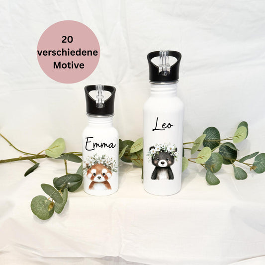 Personalisierte Trinkflasche mit Namen18 MWaldtiereEdelstahl Trinkflasche mit StrohhalmBPA-frei&leicht zu reinigen  Geschenk für Kinder