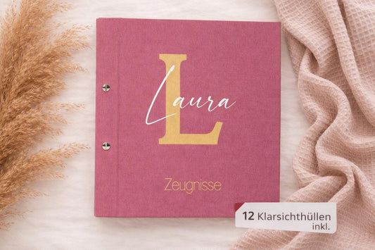 Personalisierte Zeugnismappe A4 mit Namen  Leineneinband inkl. 12 Klarsichthüllen | Zeugnisse & Urkunden Ordner Geschenk