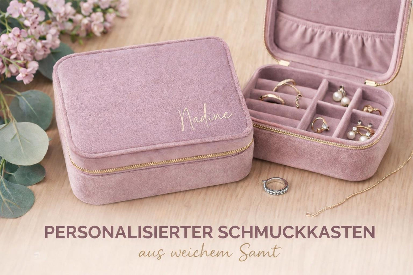 Personalisiertes Schmuckkästchen aus Samt | Mit Name oder Initialen | 3 Farben | Große Farbauswahl Personalisierung | Geschenk für Frauen |