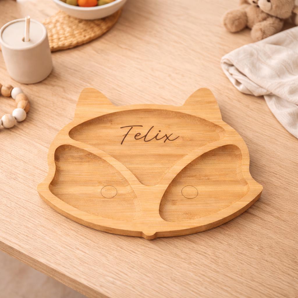 Personalisierter Snackteller Fuchs aus Bambus  Kinderteller mit Namen, Baby Geschenk, nachhaltiger Teller mit 3 Fächern