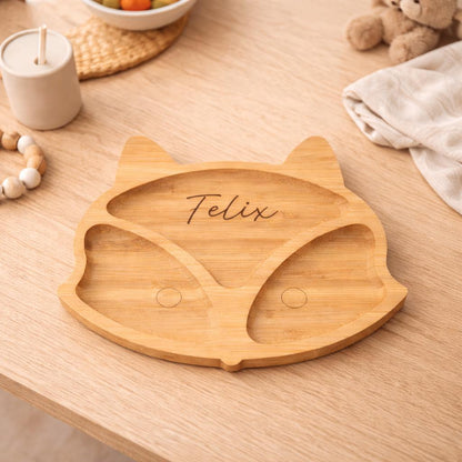 Personalisierter Snackteller Fuchs aus Bambus  Kinderteller mit Namen, Baby Geschenk, nachhaltiger Teller mit 3 Fächern