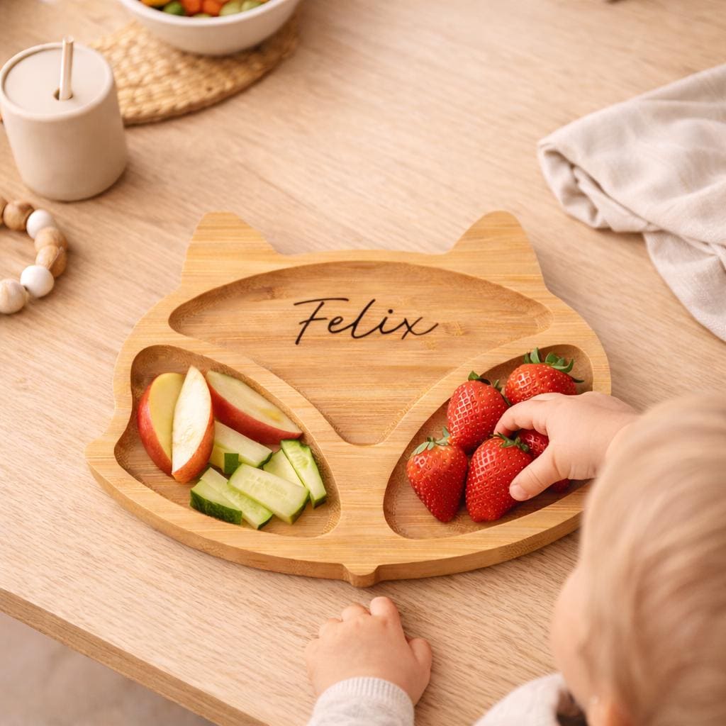 Personalisierter Snackteller Fuchs aus Bambus  Kinderteller mit Namen, Baby Geschenk, nachhaltiger Teller mit 3 Fächern