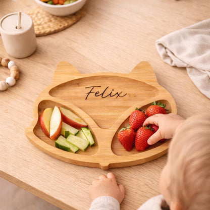 Personalisierter Snackteller Fuchs aus Bambus  Kinderteller mit Namen, Baby Geschenk, nachhaltiger Teller mit 3 Fächern