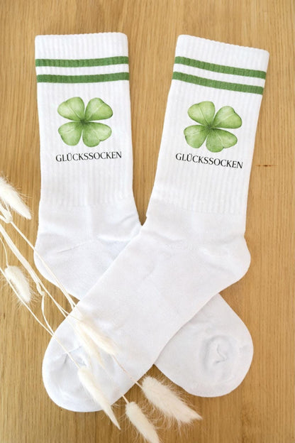 Glückssocken  Minimalistische Kleeblatt Socken  Weiße Crew Socks  Geschenkidee mit Bedeutung