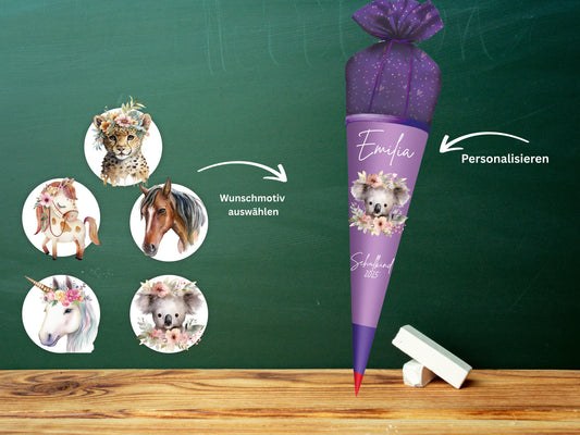 Schultüte aus Stoff | Wunschmotiv | Personalisiert mit Namen | Wunschname | Mädchen | Lila Schultüte 2026