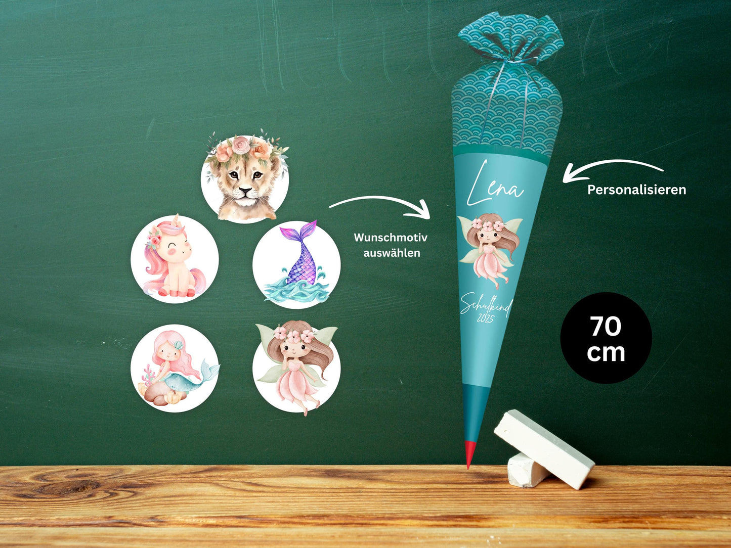 Schultüte aus Stoff | Wunschmotiv | Personalisiert mit Namen | Wunschname | Mädchen | Aqua Schultüte 2026