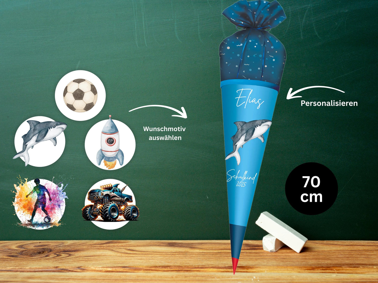 Schultüte aus Stoff |Wunschmotiv |Personalisiert mit Namen |Wunschname| Junge| Blau Schultüte 2026