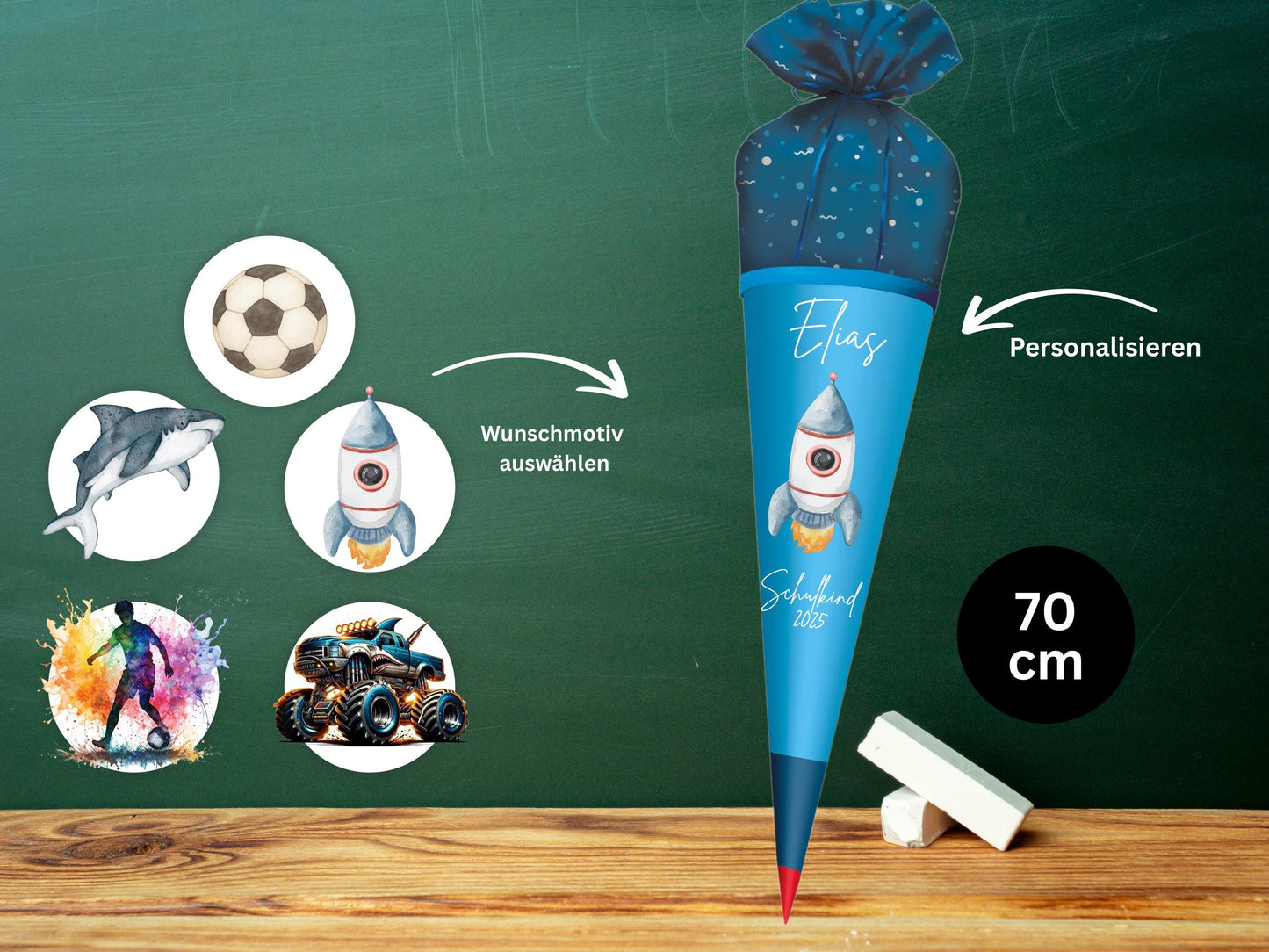 Schultüte aus Stoff |Wunschmotiv |Personalisiert mit Namen |Wunschname| Junge| Blau Schultüte 2026