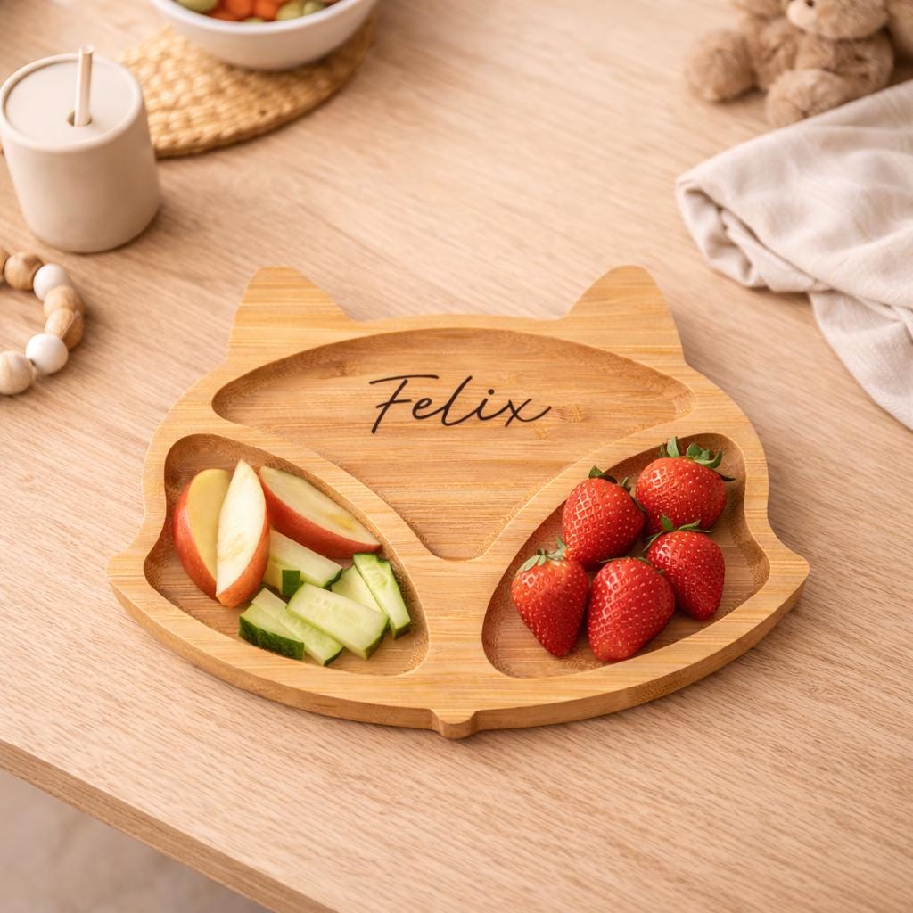 Personalisierter Snackteller Fuchs aus Bambus  Kinderteller mit Namen, Baby Geschenk, nachhaltiger Teller mit 3 Fächern