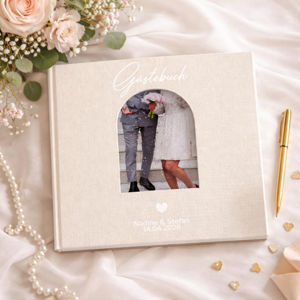 Gästebuch Hochzeit Leinen personalisierbar  Fotoausschnitt & weißes Herzdetail | 100 Seiten | Beige, Rosa oder Kakigrün | Erinnerungsalbum