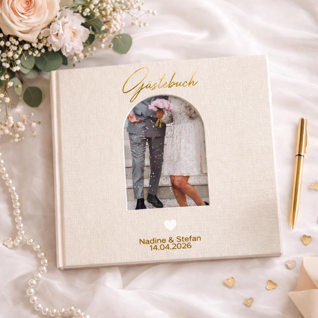 Gästebuch Hochzeit Leinen personalisierbar  Fotoausschnitt & weißes Herzdetail | 100 Seiten | Beige, Rosa oder Kakigrün | Erinnerungsalbum