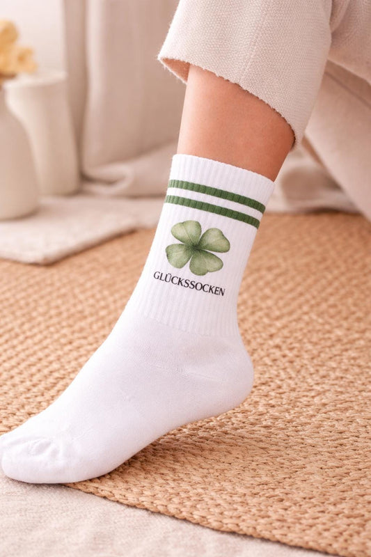 Glückssocken  Minimalistische Kleeblatt Socken  Weiße Crew Socks  Geschenkidee mit Bedeutung