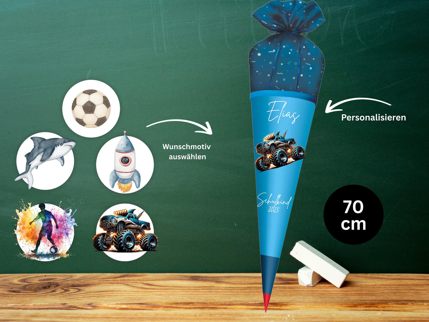 Schultüte aus Stoff |Wunschmotiv |Personalisiert mit Namen |Wunschname| Junge| Blau Schultüte 2026